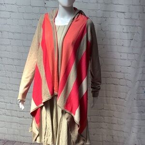 John & Jen Tan Coral Stripe Hooded Open Front Waterfall Sweater Cardigan Sz M